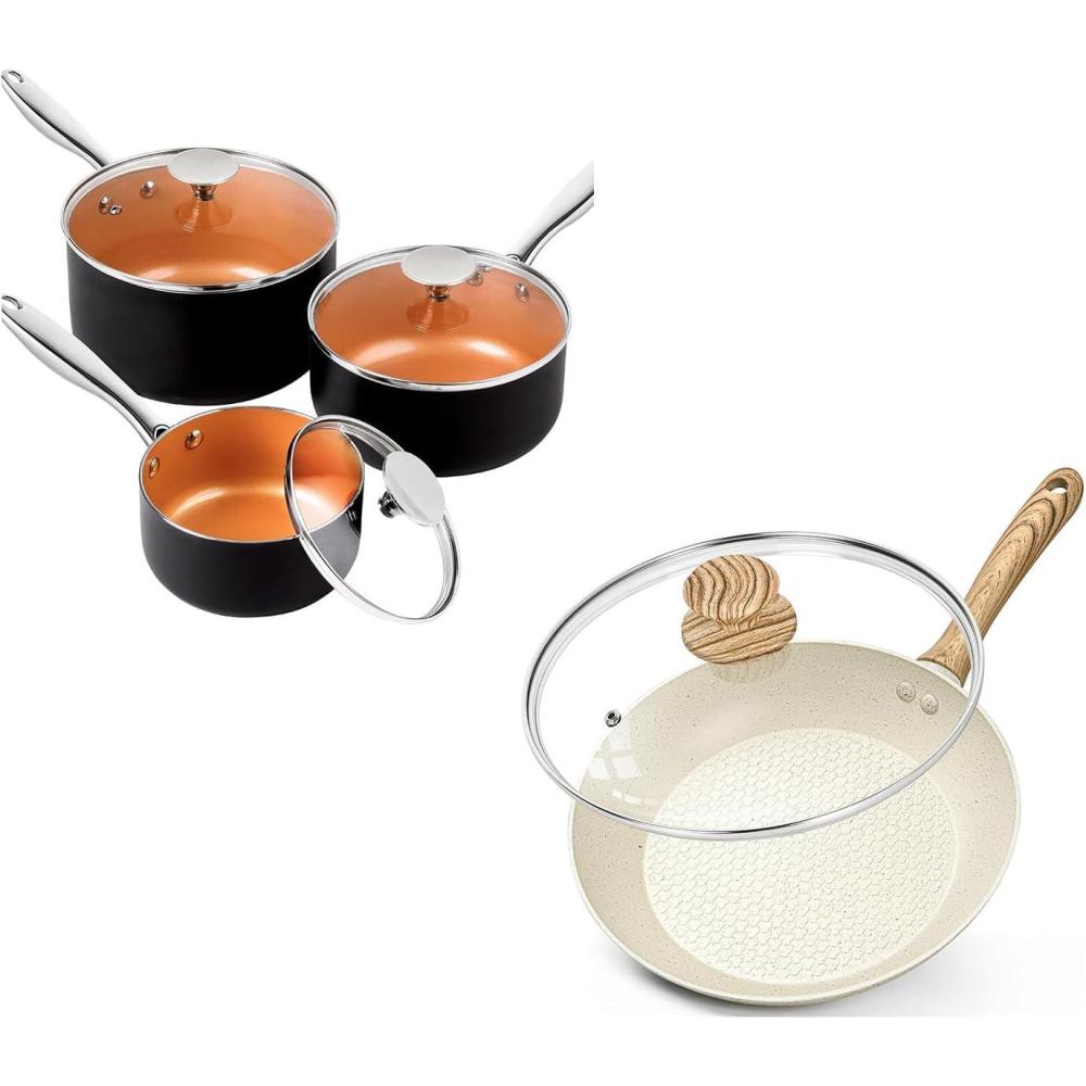 image:imageMICHELANGELO Sauce Pan Set 1 Quart amp 2 Quart amp 3 Quart 8 Inch Frying Pan with Nonstick Granite Coatings