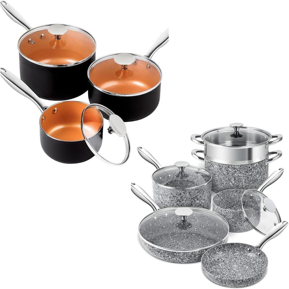 image:imageMICHELANGELO Sauce Pan Set 1 Quart amp 2 Quart amp 3 Quart Nonstick Granite Pots and Pans Set 10 Piece