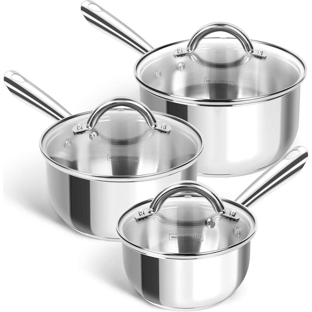 image:imageMICHELANGELO Stainless Steel Pot Set 6 Pcs with Triply Base Stainless Steel Saucepans with Lids Induction Saucepan Set with Staycool Handle  1QT amp 2QT amp 3QT