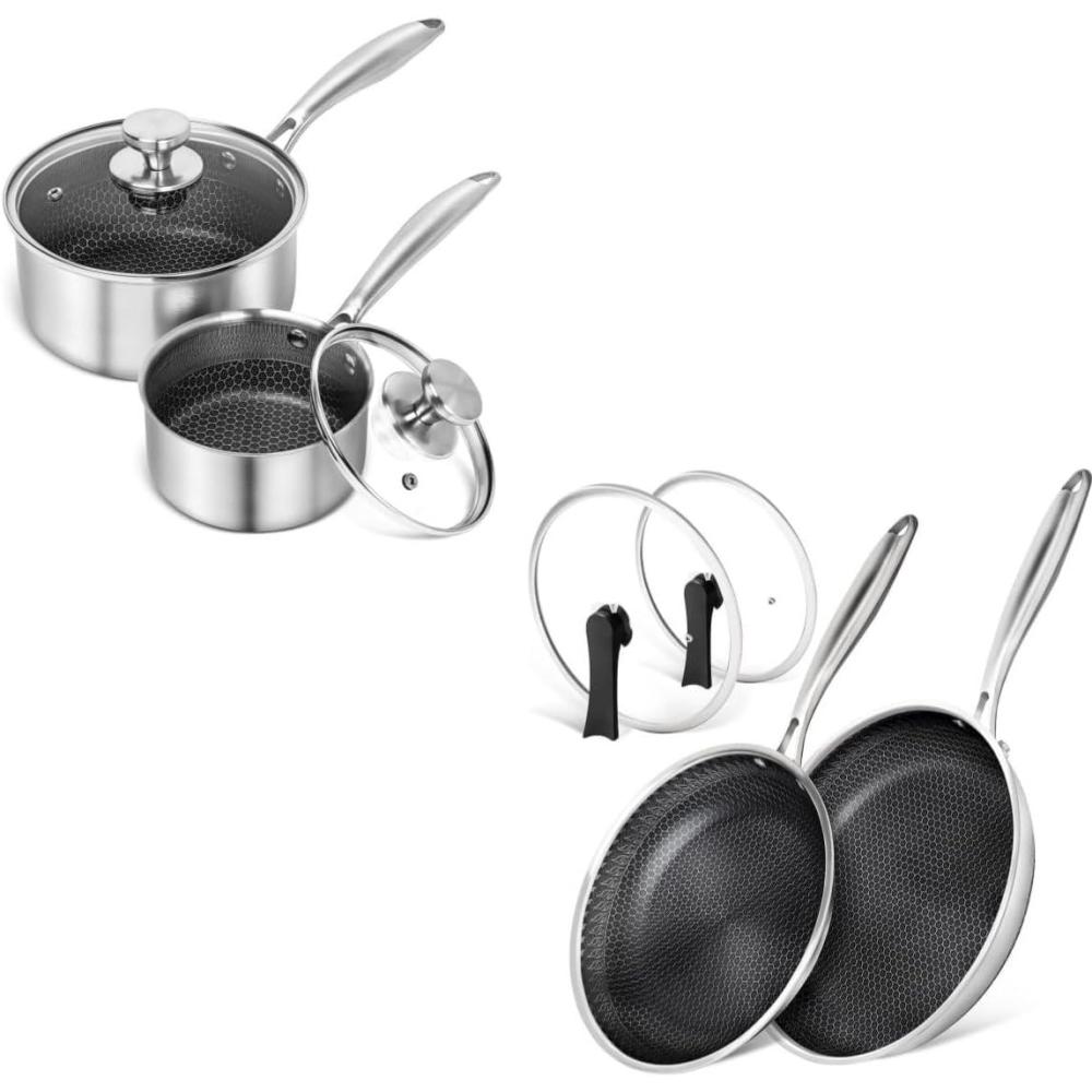 image:imageMICHELANGELO Stainless Steel Saucepan Set 1QT amp 2QT Frying Pan with Lid 10 amp 12 Inch Stainless Steel Pans with Honeycomb Coating