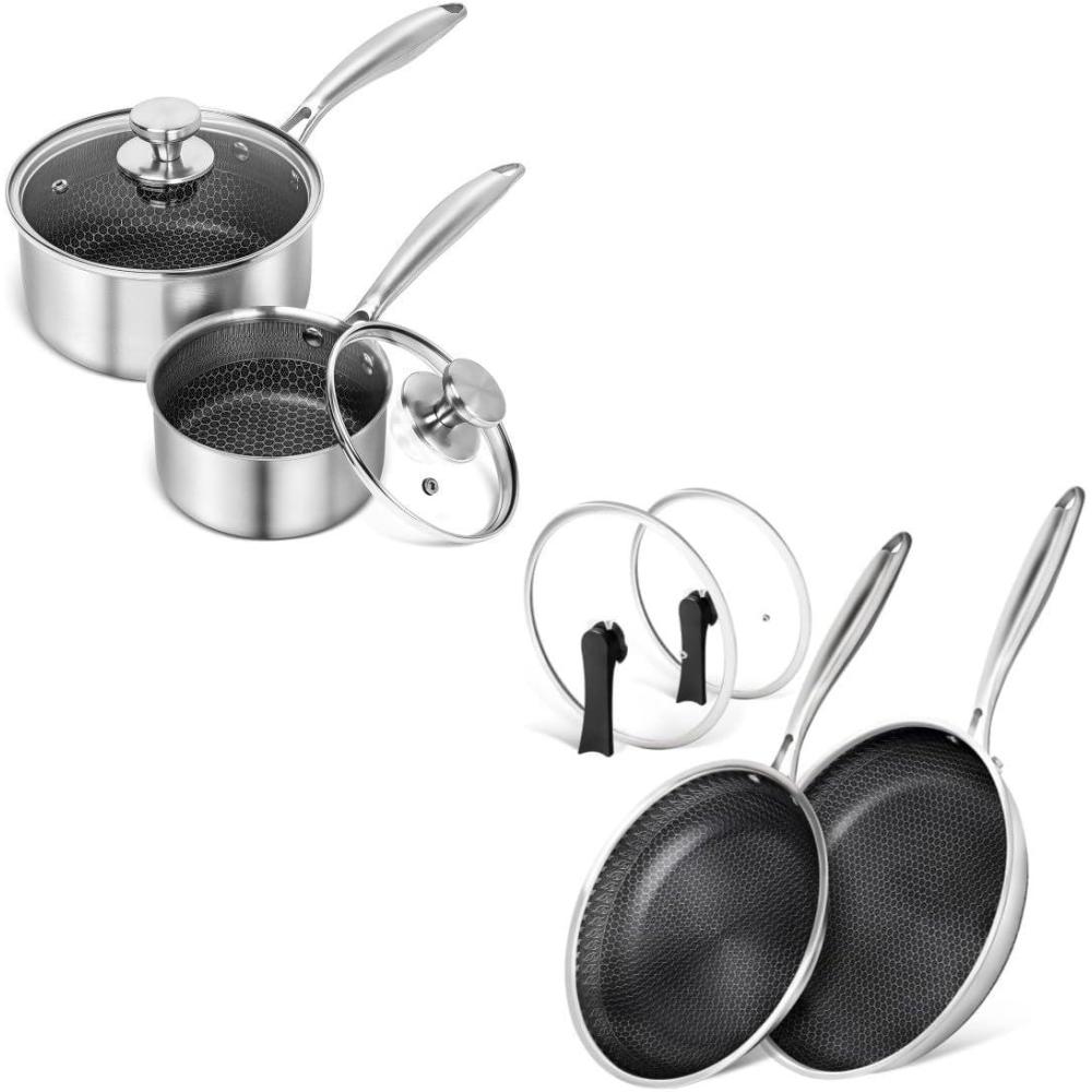 image:imageMICHELANGELO Stainless Steel Saucepan Set 1QT amp 2QT NonstickFrying Pan Set with Lids 8 amp 10 Inch