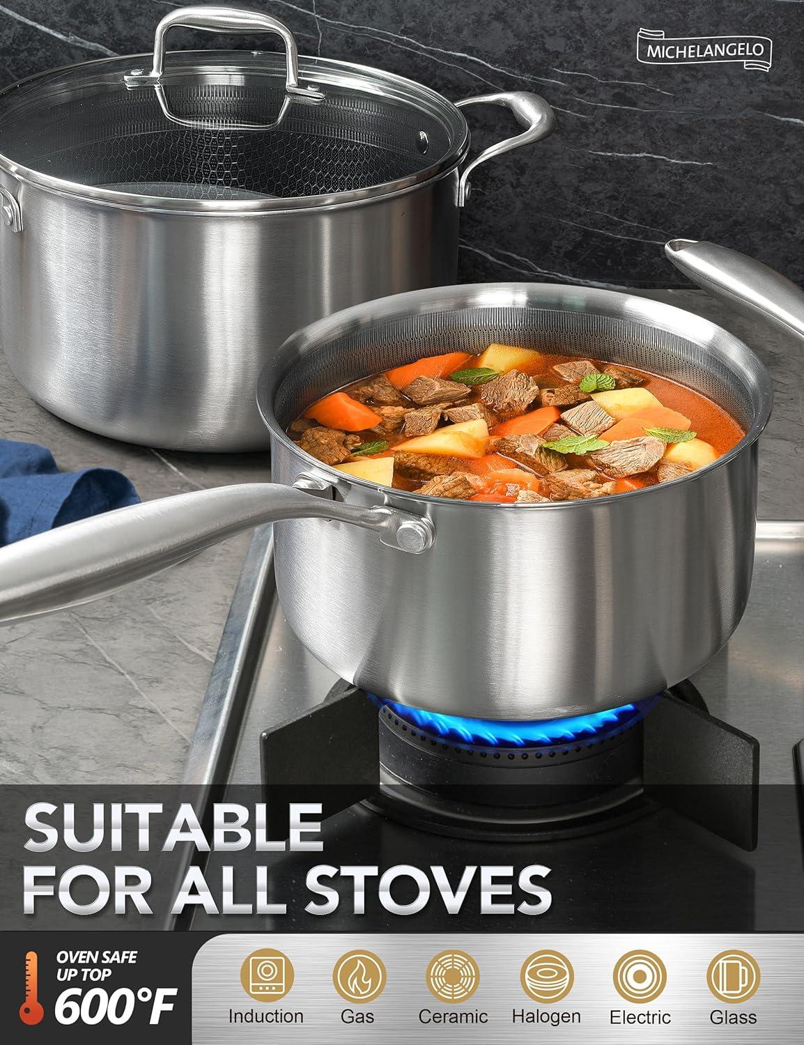 image:imageMICHELANGELO 6 Pcs Triply Stainless Steel Pot Set 2QT amp 3QT amp 8QT Pot with Lids Nonstick HoneyComb Interior Cooking Pot Set tainless Steel Frying Pan Set with Lids 8 amp 10 Inch Frying Pans Nonstic
