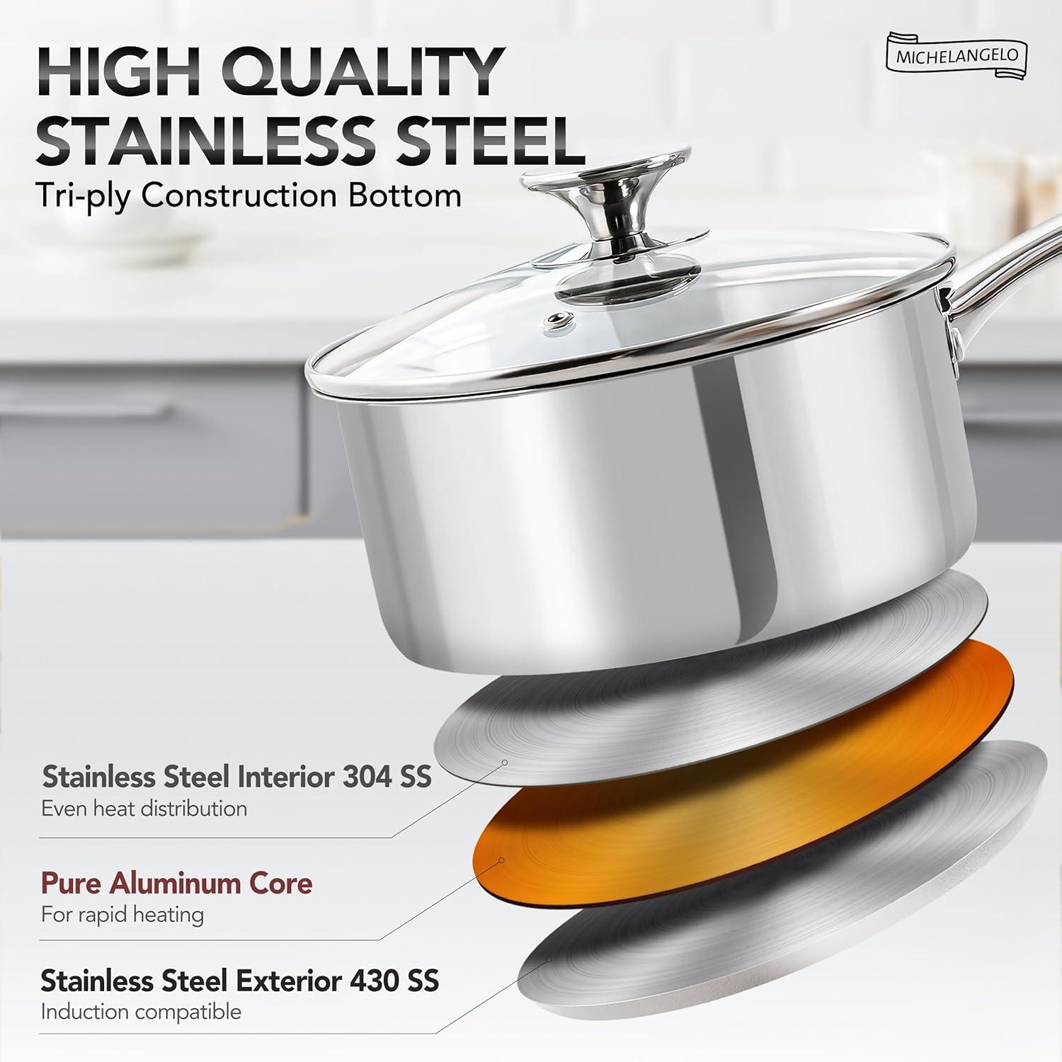 image:imageMICHELANGELO Stainless Steel Saucepan Set 1Qt amp 2Qt1810 Stainless Steel Frying Pan Set 8 95 11 Cooking Pans