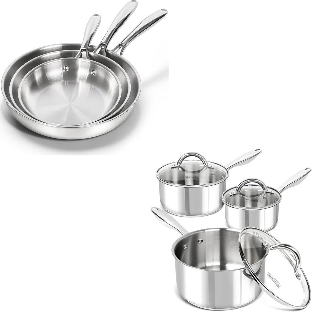 image:imageMICHELANGELO 1810 Stainless Steel Frying Pan Set 8  95  11 Cooking Pans Saucepan Set 6pc 1810 Stainless Steel Sauce Pan with Lid 1QT amp 2QT amp3QT