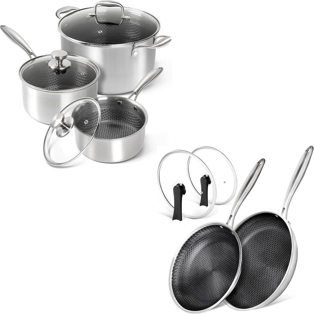 image:imageMICHELANGELO 6 Pcs Triply Stainless Steel Pot Set 2QT amp 3QT amp 8QT Pot with LidsNonstick Frying Pans Set Stainless Steel Frying Pan with Lid 10 amp 12 Inch