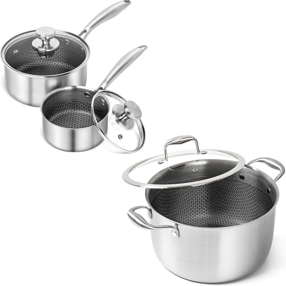 image:imageMICHELANGELO Stainless Steel Saucepan Set 1QT amp 2QT Premium Triple Ply Sauce Pan with Lid Triply Stainless Steel Stock Pot 8Quart Stockpot with Lid 1810 Nonstick Cooking Pot with Honeycomb Inter