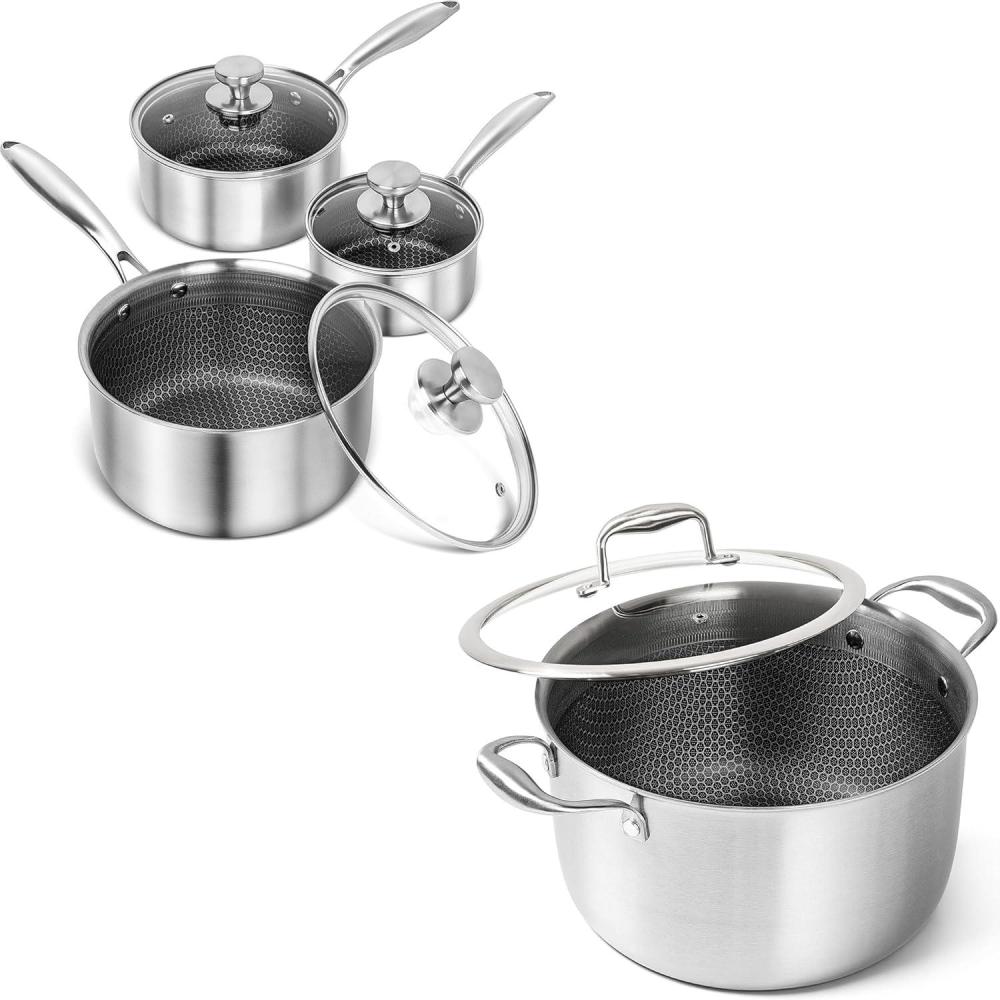 image:imageMICHELANGELO Stainless Steel Saucepan Set 1QT amp 2QT amp 3QT Triply Stainless Steel Stock Pot 8Quart Stockpot with Lid 1810 Nonstick Cooking Pot with Honeycomb Interior