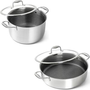 MICHELANGELO Tri-ply Stainless Steel Stock Pot, 8-Quart Stockpot with Lid, Tri-ply Stainless Steel Saute Pan Deep Frying Pan with Lid