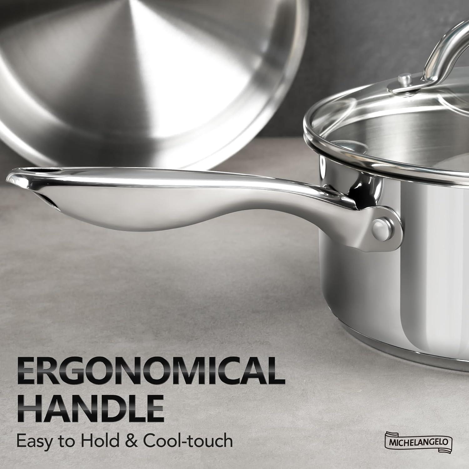 image:imageMICHELANGELO Saucepan Set 6pc Triply Stainless Steel Sauce Pan with Lids 1QT amp 2QT amp3QT Kitchen Cooking Pot for Home Use Dishwasher Safe amp Induction CompatibleFull TriPly