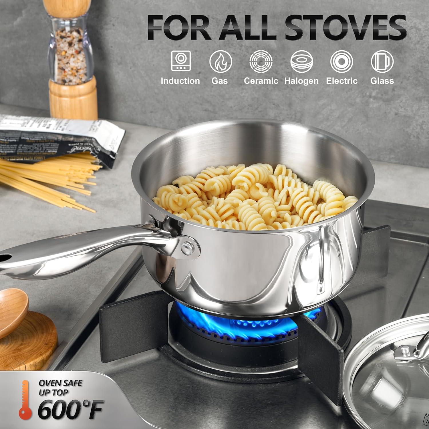 image:imageMICHELANGELO Saucepan Set 6pc Triply Stainless Steel Sauce Pan with Lids 1QT amp 2QT amp3QT Kitchen Cooking Pot for Home Use Dishwasher Safe amp Induction CompatibleFull TriPly