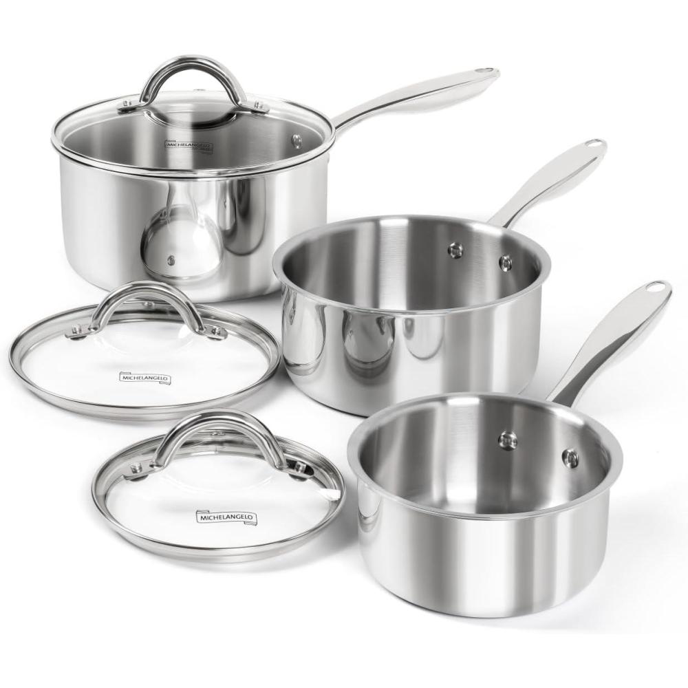 image:imageMICHELANGELO Saucepan Set 6pc Triply Stainless Steel Sauce Pan with Lids 1QT amp 2QT amp3QT Kitchen Cooking Pot for Home Use Dishwasher Safe amp Induction CompatibleFull TriPly