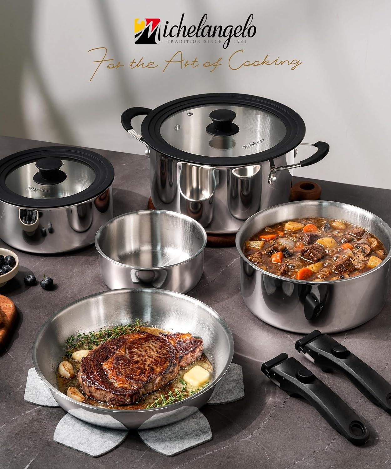 image:imageMichelangelo 14pcs TriPly Stainless Steel Cookware Set with Detachable Handle Induction Kitchen Cookware Set Oven Safe Pots and Pans Stackable RVCamping Cookware