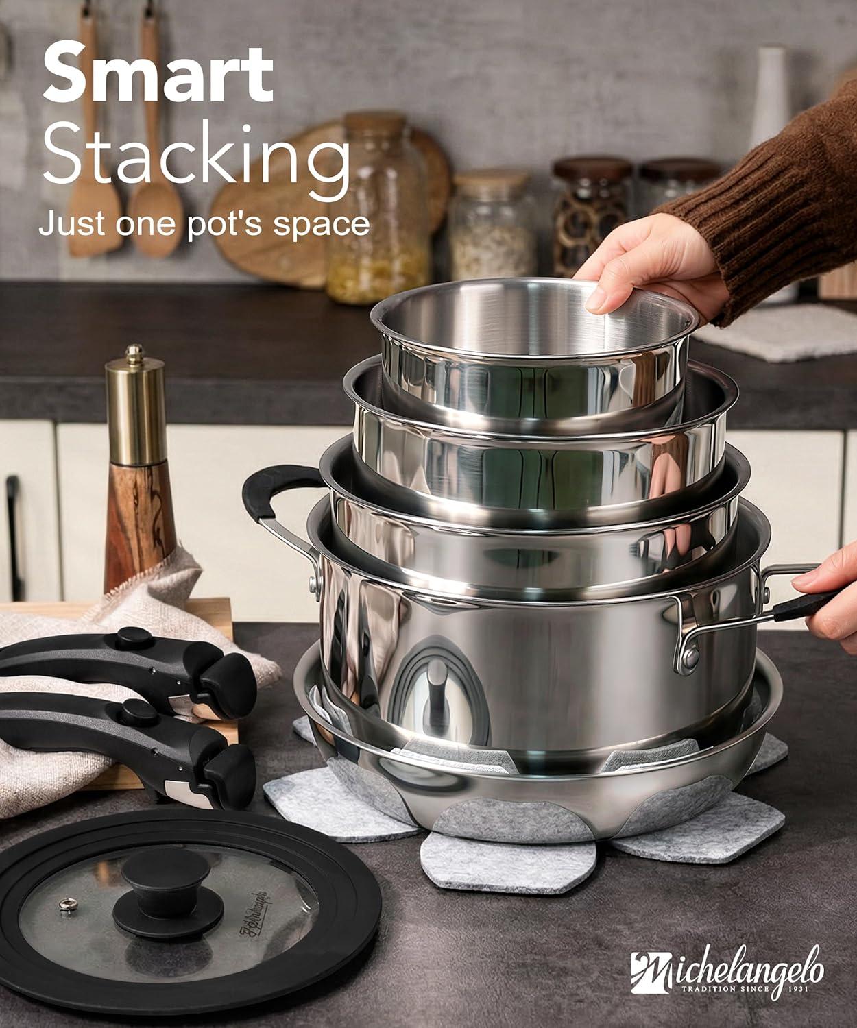 image:imageMichelangelo 14pcs TriPly Stainless Steel Cookware Set with Detachable Handle Induction Kitchen Cookware Set Oven Safe Pots and Pans Stackable RVCamping Cookware