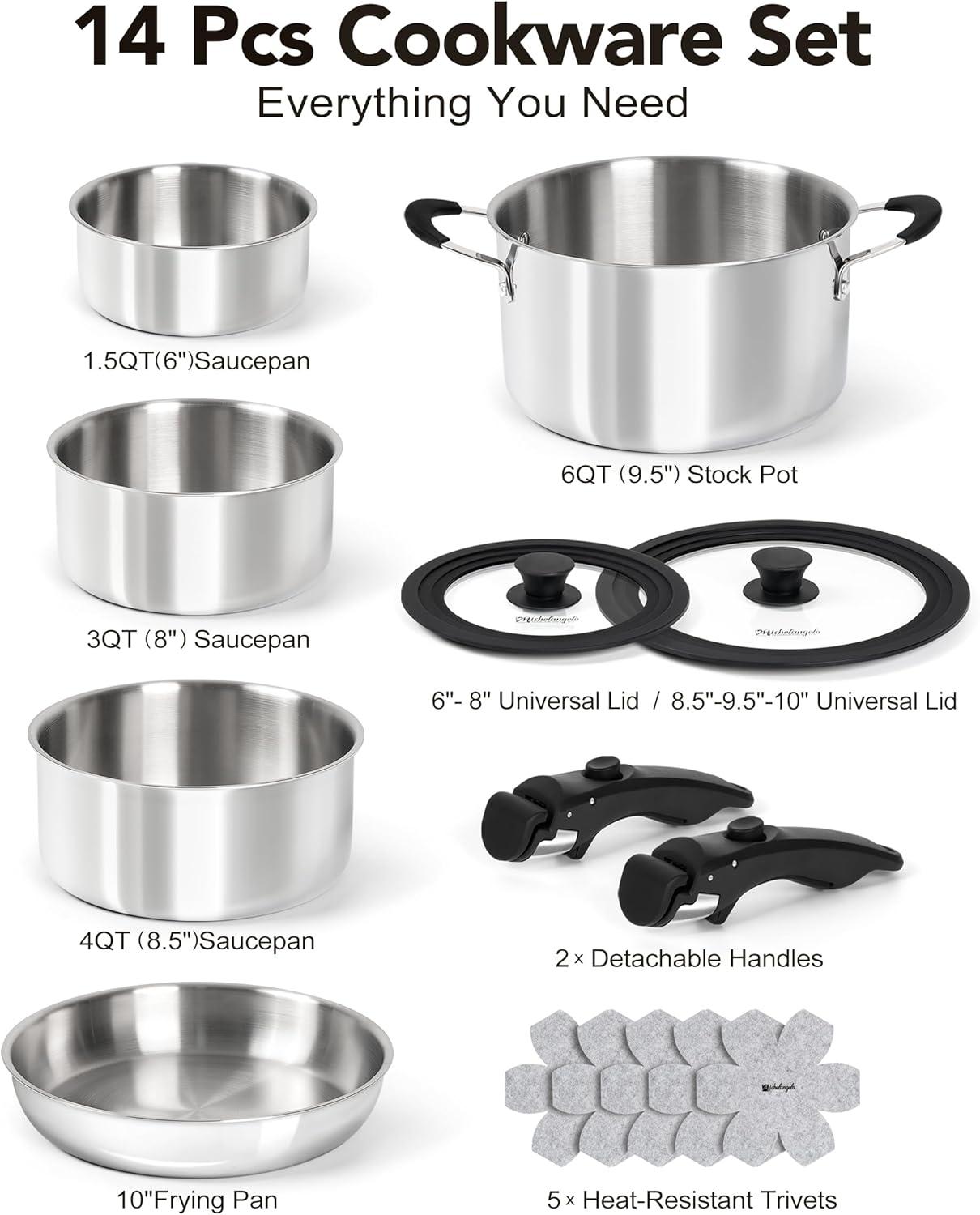 image:imageMichelangelo 14pcs TriPly Stainless Steel Cookware Set with Detachable Handle Induction Kitchen Cookware Set Oven Safe Pots and Pans Stackable RVCamping Cookware