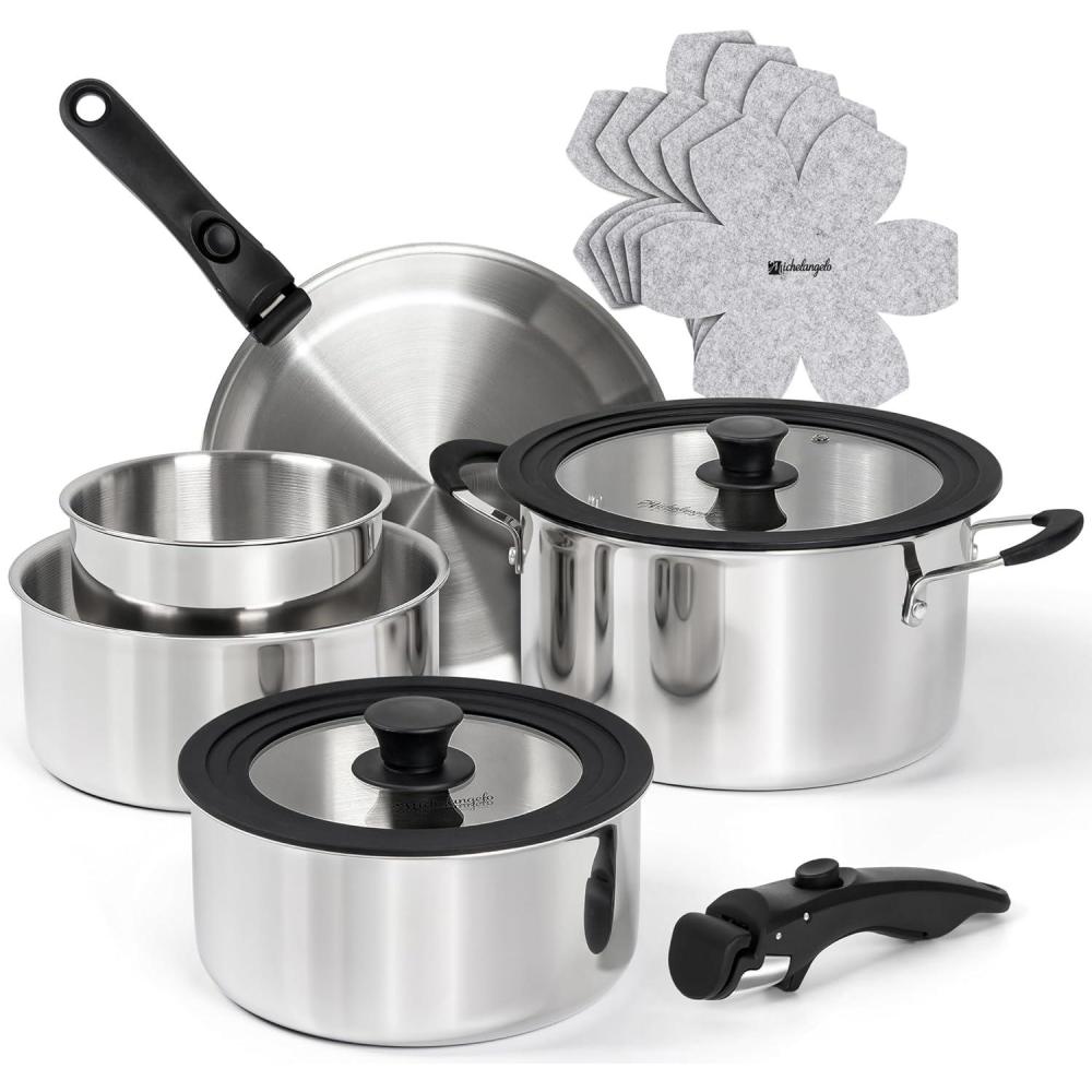 image:imageMichelangelo 14pcs TriPly Stainless Steel Cookware Set with Detachable Handle Induction Kitchen Cookware Set Oven Safe Pots and Pans Stackable RVCamping Cookware