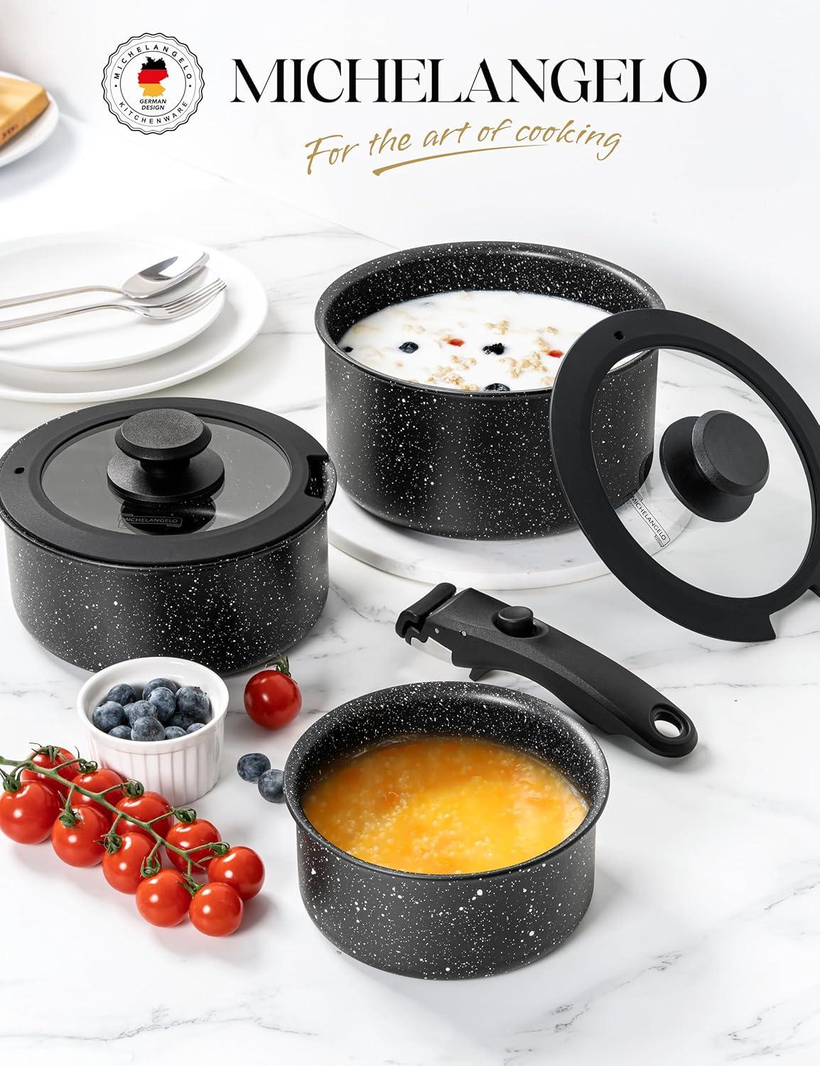 image:imageMICHELANGELO Sauce Pan Set Nonstick 1Qt amp 2 Qt amp 3Qt Pots with Removable Handles Non Toxic Saucepan Set with Detachable Handle Stackable Pot Set for RV Camping Oven Safe 6 Piece BlackBlack