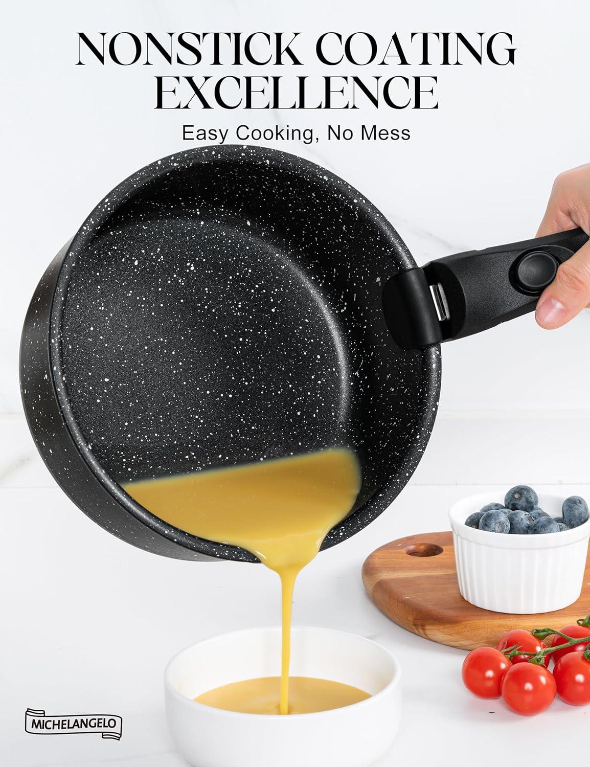 image:imageMICHELANGELO Sauce Pan Set Nonstick 1Qt amp 2 Qt amp 3Qt Pots with Removable Handles Non Toxic Saucepan Set with Detachable Handle Stackable Pot Set for RV Camping Oven Safe 6 Piece BlackBlack