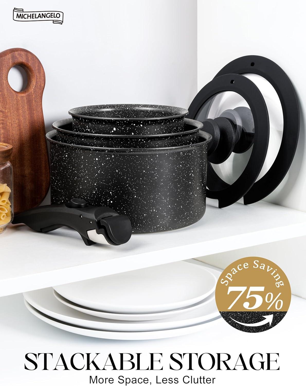image:imageMICHELANGELO Sauce Pan Set Nonstick 1Qt amp 2 Qt amp 3Qt Pots with Removable Handles Non Toxic Saucepan Set with Detachable Handle Stackable Pot Set for RV Camping Oven Safe 6 Piece BlackBlack