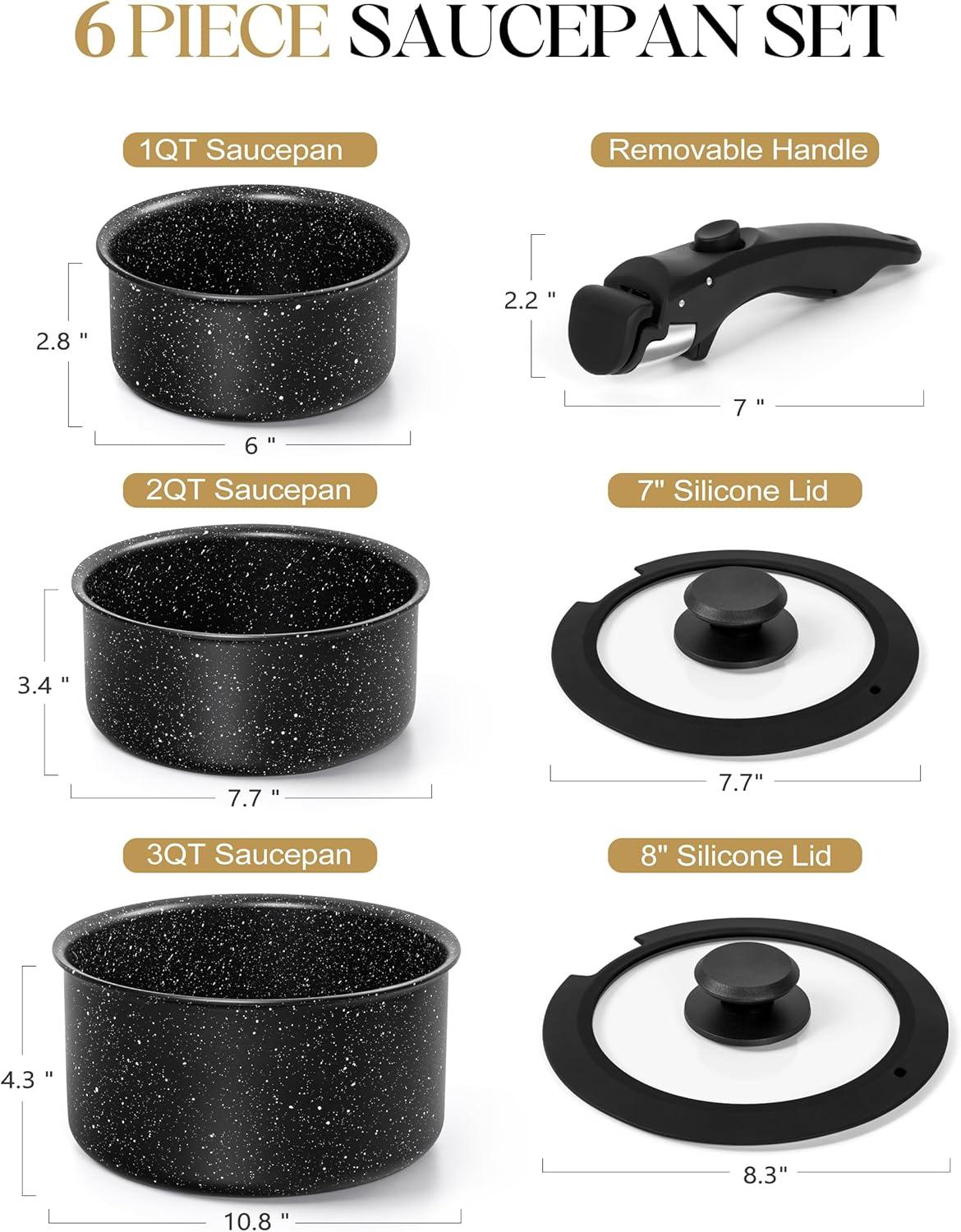 image:imageMICHELANGELO Sauce Pan Set Nonstick 1Qt amp 2 Qt amp 3Qt Pots with Removable Handles Non Toxic Saucepan Set with Detachable Handle Stackable Pot Set for RV Camping Oven Safe 6 Piece BlackBlack