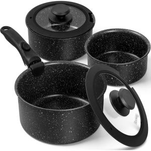 MICHELANGELO Sauce Pan Set, Nonstick 1Qt & 2 Qt & 3Qt Pots with Removable Handles, Non Toxic Saucepan Set with Detachable Handle, Stackable Pot Set for RV Camping, Oven Safe – 6 Piece, Black(Black)