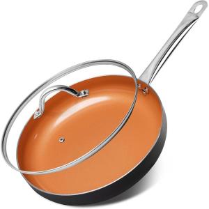 MICHELANGELO 12 Inch Frying Pan with Lid, Nonstick Copper Frying Pan with Ceramic Coating, Nonstick Skillet with Lid, Large Frying Pan, Copper Pan Nonstick Fry Pan – 12 Inch, Induction Compatible(12“)
